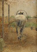 Nils Kreuger Labor - horse pulling a threshing machine USA oil painting artist